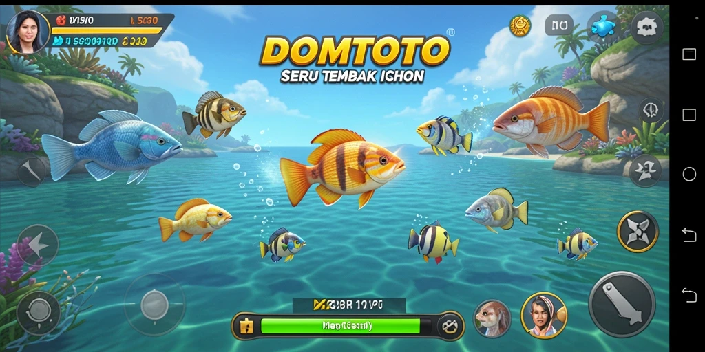 Screenshot DOMTOTO menampilkan aksi menembak ikan di bawah laut.