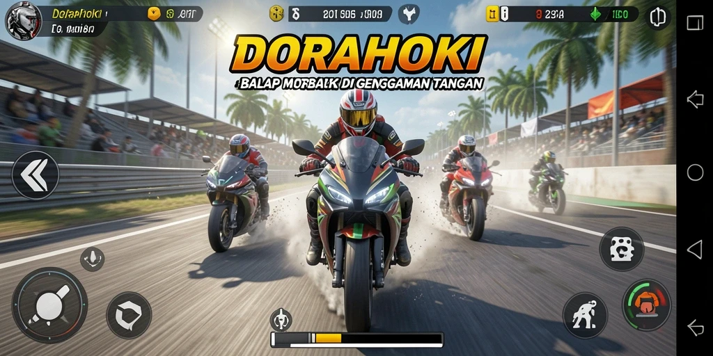 Gameplay DORAHOKI yang mendebarkan dalam balap motor.