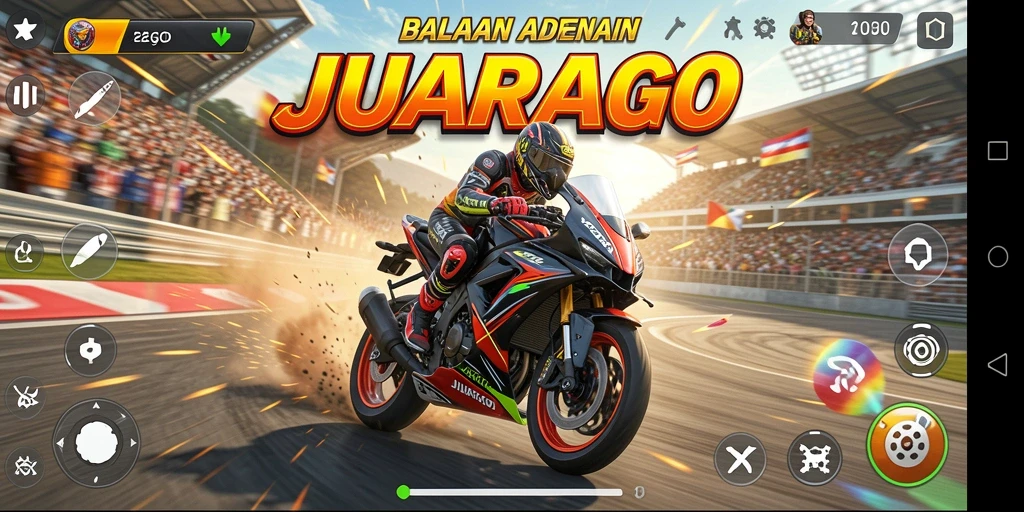 Screenshot gameplay JUARAGO menunjukkan balapan motor yang mendebarkan.