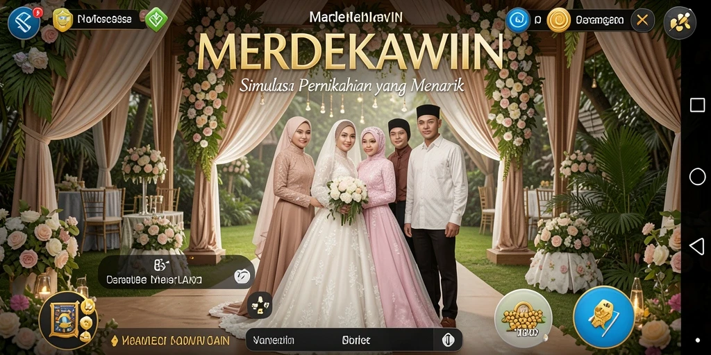 Screenshot gameplay MERDEKAWIN yang menangkap momen bahagia pernikahan.