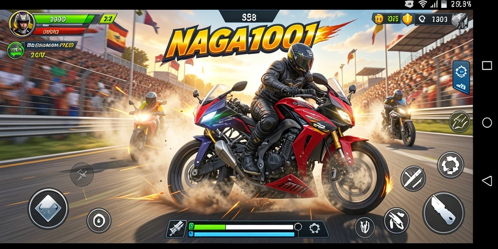 Screenshot gameplay NAGA1001 menampilkan aksi balap motor yang seru.