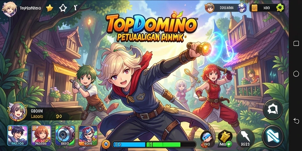Screenshot gameplay TOPDOMINO yang menampilkan karakter anime ceria.